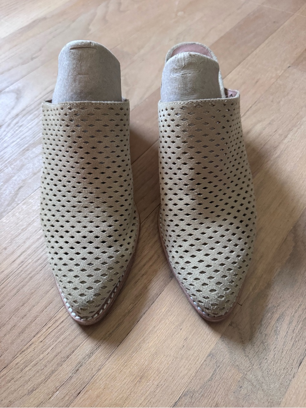 Jeffrey Campbell Perforated Tan Suede Slip-On Mules
